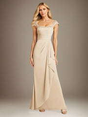 Champagne Sheath/Column Chiffon Square Neck Short Sleeves Floor Length Dress