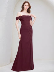 Cabernet Chiffon A Line Off the Shoulder Floor Length Bridesmaid Dress With Slit