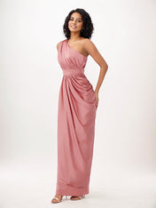 Dusty Rose Sheath/Column One Shoulder Floor-Length Satin Bridesmaid Dress