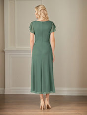 Green A Line Chiffon V Neck Short Sleeves Tea Length Mother of the Bride Dresses