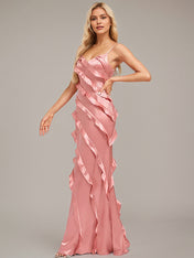 Blush Sheath/Column Spaghetti Straps Floor Length Satin Bridesmaid Dress Ruffle