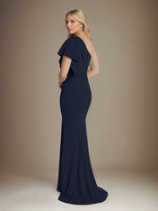 Trumpet/Mermaid Stretch Crepe One Shoulder Short Sleeves Floor Length Dress With Ruffles