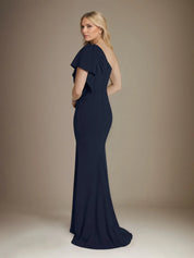 Trumpet/Mermaid Stretch Crepe One Shoulder Short Sleeves Floor Length Dress With Ruffles