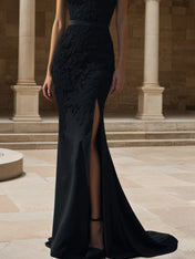 Black Lace Split Joint Classic Boat Neck Sleeveless Mermaid Gown Dress