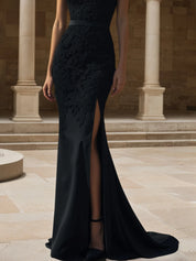 Black Lace Split Joint Classic Boat Neck Sleeveless Mermaid Gown Dress