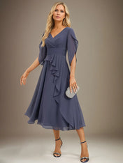 A Line V-Neck Tea-Length Chiffon Mother Of Bride Dresses With Pleated