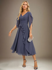 A Line V-Neck Tea-Length Chiffon Mother Of Bride Dresses With Pleated