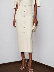 White Buckle Classic Crew Neck Short Sleeve Sheath Midi Dress