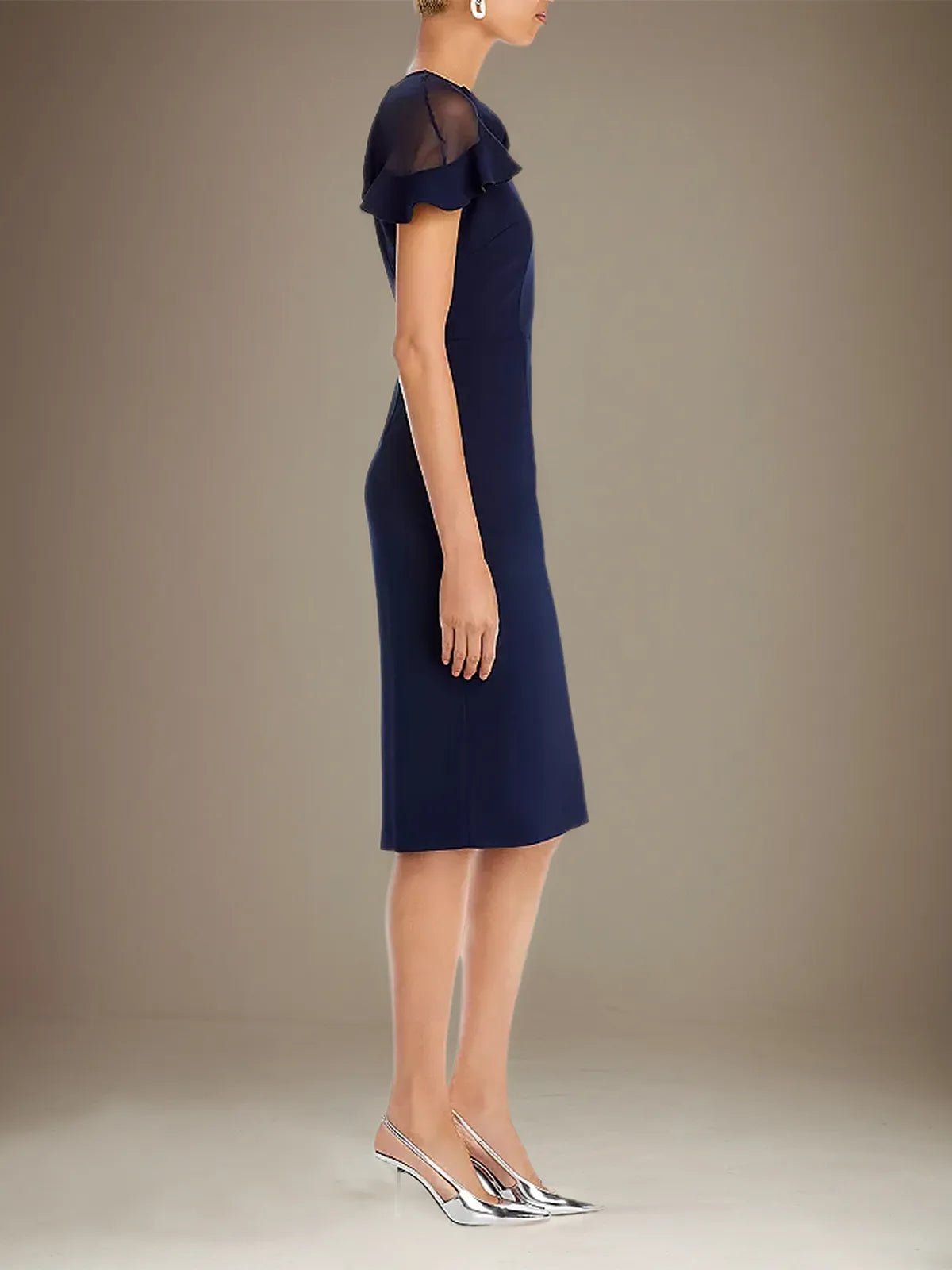 Sheath/Column Stretch Crepe Scoop Short Sleeves Knee Length Dress