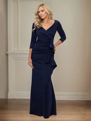 Trumpet/Mermaid V Neck 3/4 Sleeve Floor Length Stretch Crepe Mother of the Bride Dress With Ruffles