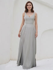 Silver Chiffon A Line V Neck Sleeveless Floor Length Bridesmaid Dress