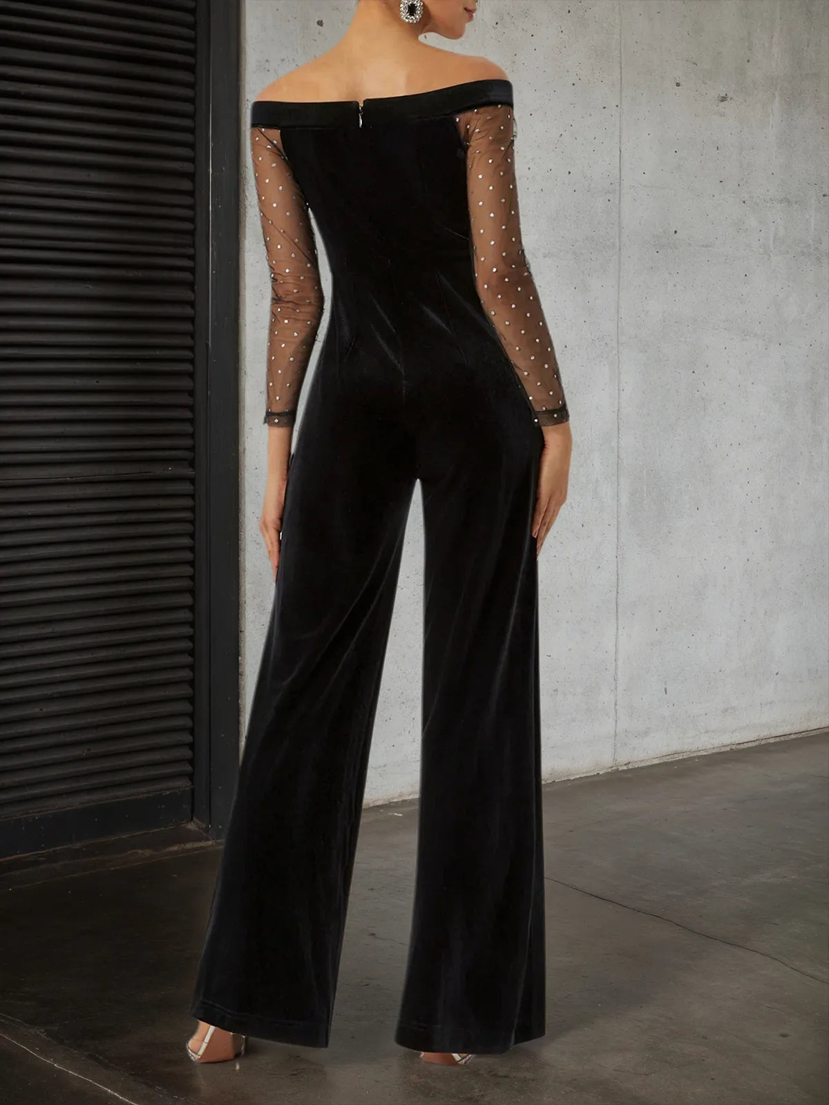 Women Velvet Black Mesh Off The Shoulder Long Sleeve Dressy Jumpsuit