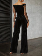 Women Velvet Black Mesh Off The Shoulder Long Sleeve Dressy Jumpsuit