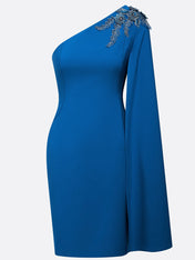 Blue Applique Hotfix Embellished Asymmetric Classic One Shoulder Sleeveless Sheath Midi Dress