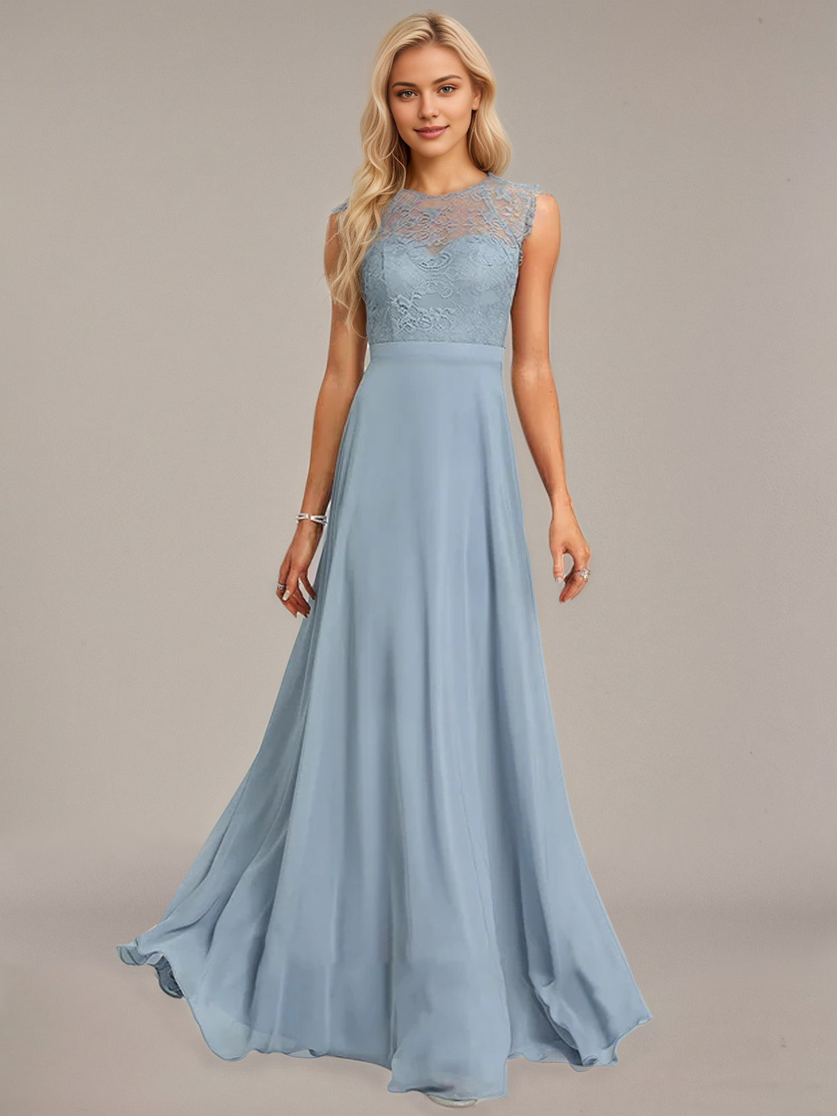 Dusty Blue A-Line Scoop Floor-Length Lace Chiffon Bridesmaid Dress