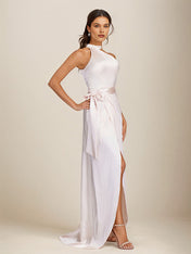 Blushing Pink Satin Sheath/Column Halter Neck Floor Length Sleeveless Bridesmaid Dress