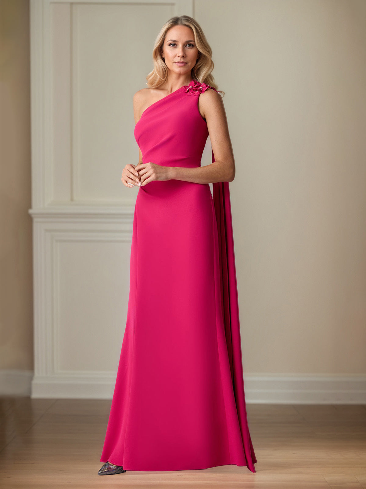 Lipstick Stretch Crepe Sheath/Column One Shoulder Floor Length Mother of the Bride Dresses