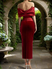 Wine Red Off The Shoulder Velvet Sheath Maxi Dress