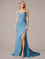 Steel Blue Sheath/Column Satin Spaghetti Straps Sleeveless Floor Length Dresses