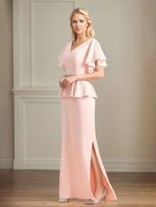 Chiffon V Neck Short Sleeves Floor Length Pleated Mother of the Bride Dresses With Ruffles