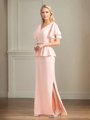 Chiffon V Neck Short Sleeves Floor Length Pleated Mother of the Bride Dresses With Ruffles