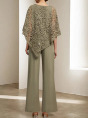 Army Green Women Lace Crew Neck Sleeve Chiffon Two-Piece Set