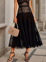 Black Lace V Neck Sleeveless A-Line Midi Dress