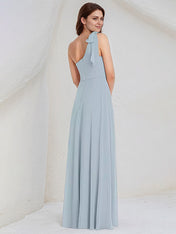 Ice Blue A Line Chiffon One Shoulder Sleeveless Floor Length Bridesmaid Dresses With Bow