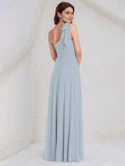Ice Blue A Line Chiffon One Shoulder Sleeveless Floor Length Bridesmaid Dresses With Bow