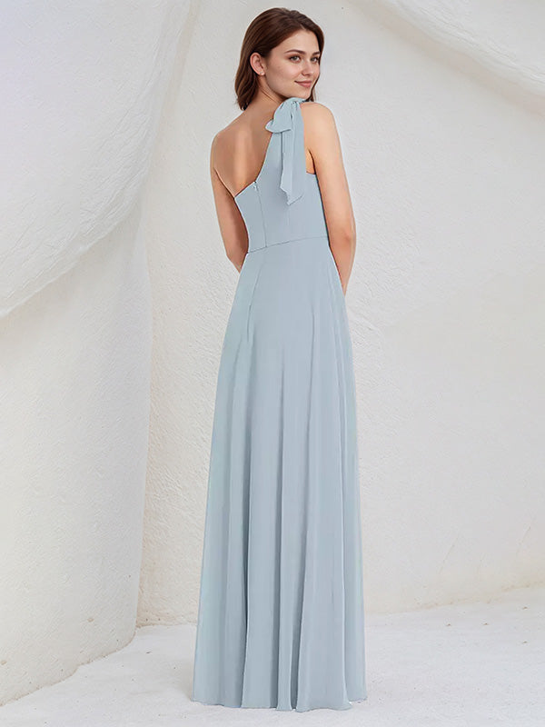 Ice Blue A Line Chiffon One Shoulder Sleeveless Floor Length Bridesmaid Dresses With Bow