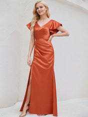 Vermilion Satin A Line V Neck Short Sleeves Floor Length Bridesmaid Dress With Ruffle