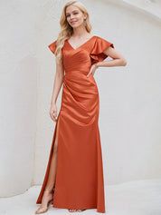Vermilion Satin A Line V Neck Short Sleeves Floor Length Bridesmaid Dress With Ruffle