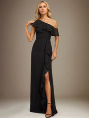 Sheath/Column One Shoulder Floor-Length Chiffon Dress With Cascading Ruffles