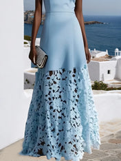 Light Blue Lace Classic Boat Neck Sleeveless A-Line Maxi Dress