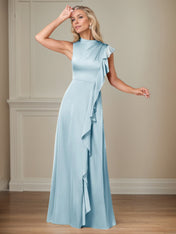 Sky Blue A Line Satin High Neckline Sleeveless Floor Length Mother of the Bride Dresses