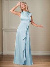 Sky Blue A Line Satin High Neckline Sleeveless Floor Length Mother of the Bride Dresses