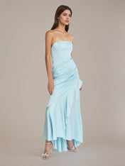 Sheath/Column Satin Off The Shoulder Sleeveless Floor Length Dresses With Ruffles