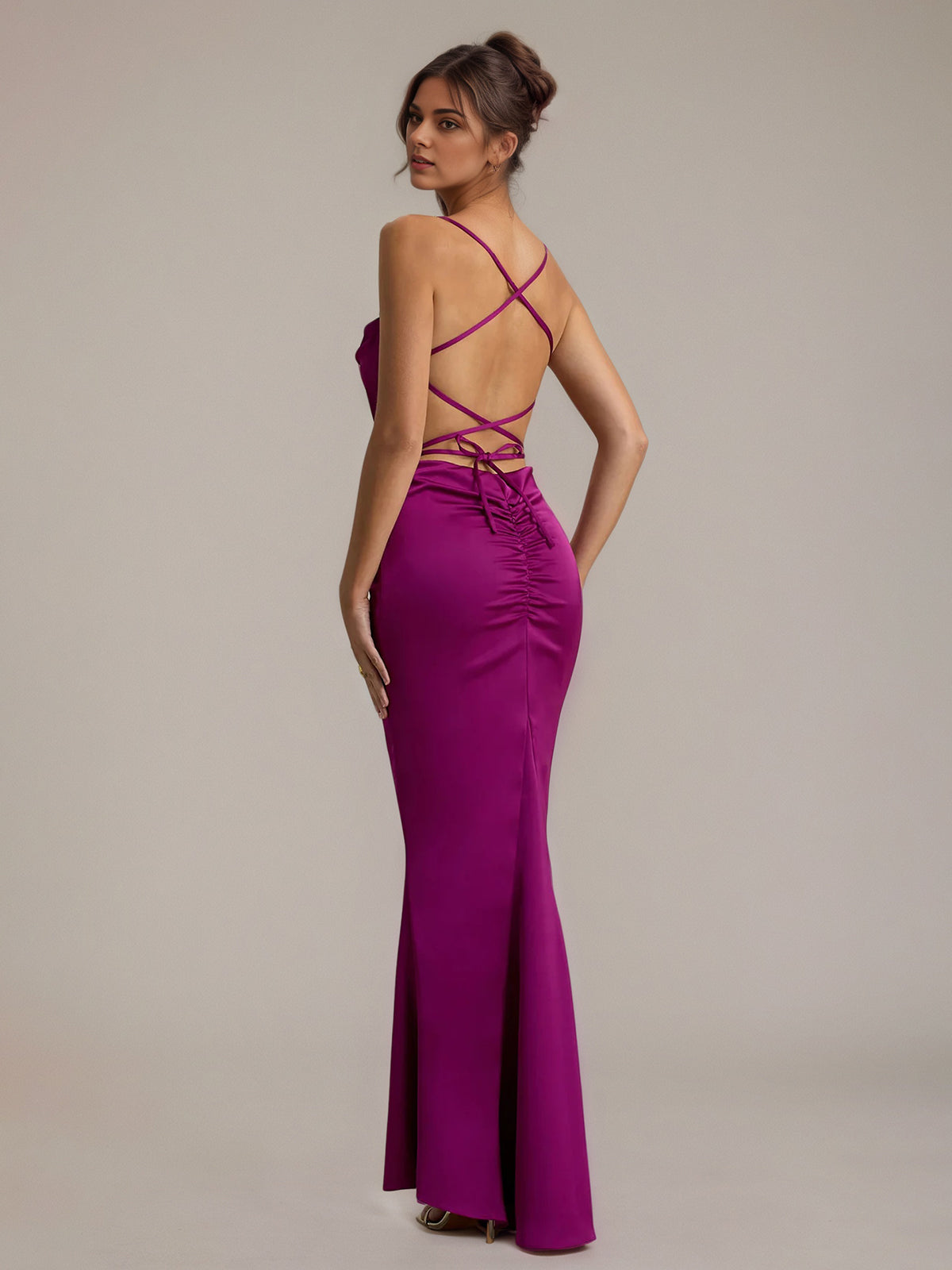 Dark Pink Satin Sheath/Column Spaghetti Straps Sleeveless Floor Length Dress