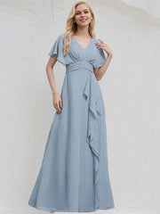 Dusty Blue Chiffon A Line V Neck Ruffle Sleeves Floor Length Bridesmaid Dress