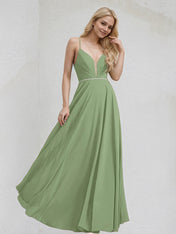 Basil A-Line V-Neck Floor-Length Chiffon Bridesmaid Dress With Beading