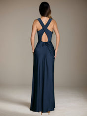 Navy Blue Sheath/Column Scoop Sleeveless Floor-Length Satin Bridesmaid Dress