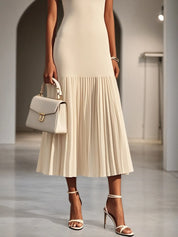 Beige Pleated Knit Crew Neck Sleeveless A-Line Midi Jersey Dress