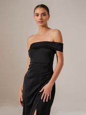 Black Satin Sheath/Column Off The Shoulder Sleeveless Tea Length Dress