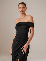 Black Satin Sheath/Column Off The Shoulder Sleeveless Tea Length Dress