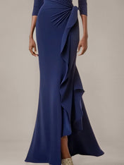 Navy Sheath/Column Stretch Crepe V Neck 3/4 Sleeves Asymmetrical Dresses