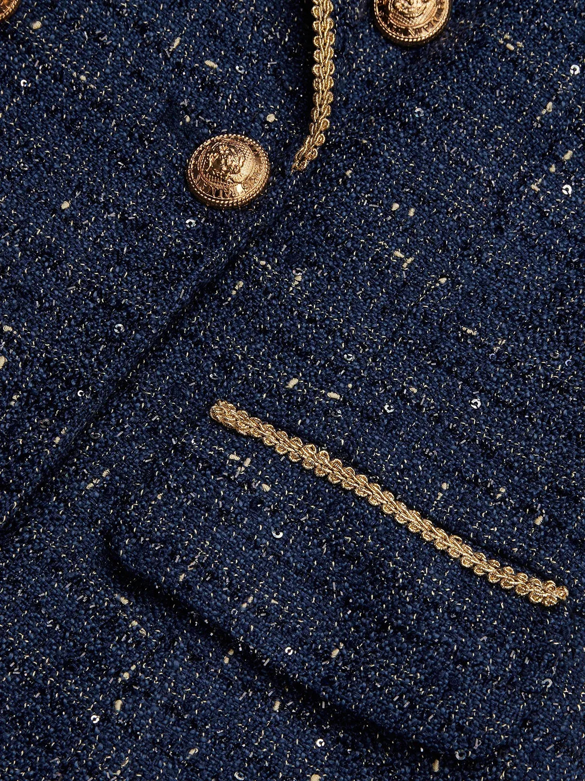 Women Navy Blue Tweed Buckle Peaked Lapel Collar Long Sleeve Dressy Coat With Skirt Two-Piece Set