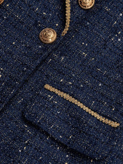 Women Navy Blue Tweed Buckle Peaked Lapel Collar Long Sleeve Dressy Coat With Skirt Two-Piece Set
