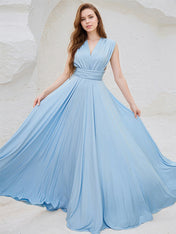 Sky Blue Chiffon A Line V Neck Sleeveless Floor Length Bridesmaid Dress