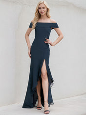 Dark Navy Chiffon Trumpet/Mermaid Off the Shoulder Asymmetrical Chiffon Bridesmaid Dress