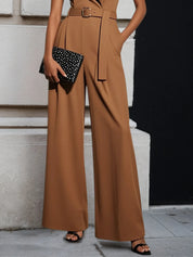 Women Yellow Brown Peaked Lapel Collar Sleeveless Dressy Jumpsuit